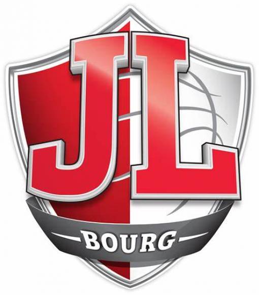 logo JL Bourg Basket club ; lettres JL rouge sur écusson blanc et rouge
