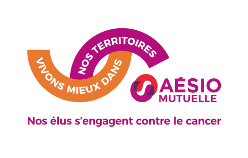 Logo Aesio et ses élus s'engagent contre le cancer dans vos territoires. Ruban orange et violet