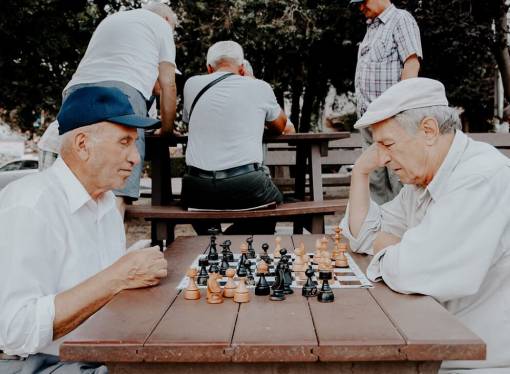 2 hommes âgés jouent aux échecs dans un parc