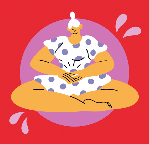 Femme avec chignon dessiné, se tient le ventre, fond rouge - Marilou Faure