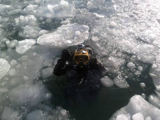 Une personne pratique de la plongée sous glace et a la tête sortie de l'eau