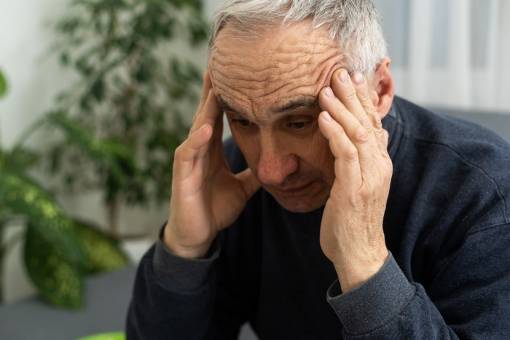 Un senior ayant une migraine se touche la tête avec ses 2 mains