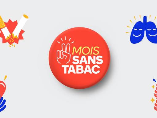 logo mois sans tabac, illustrations de cigarette cassée, poumons qui sourient