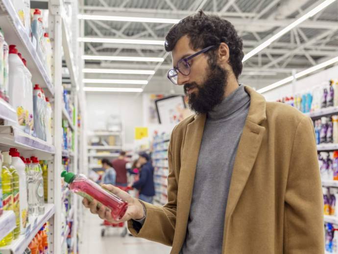 Homme barbu, inspecte étiquette de produit ménager au supermarché - ©AdobeStock