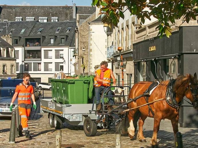 Homme avec chariot de ramassage d'ordures, tracté par un cheval