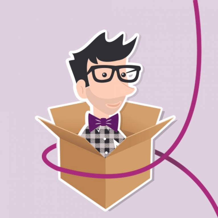 Tanguy dans un carton, personnage dessiné avec noeud papillon
