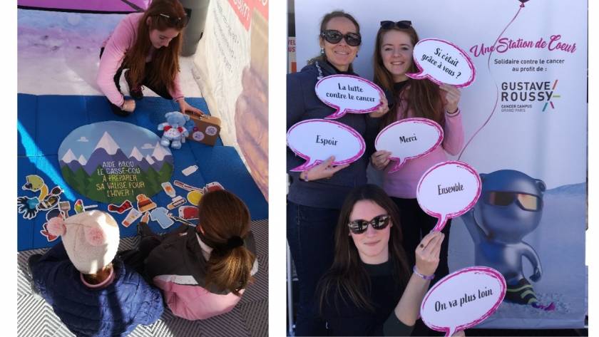 Enfants avec tapis de jeu ; adultes qui tiennent des bulles de messages prévention