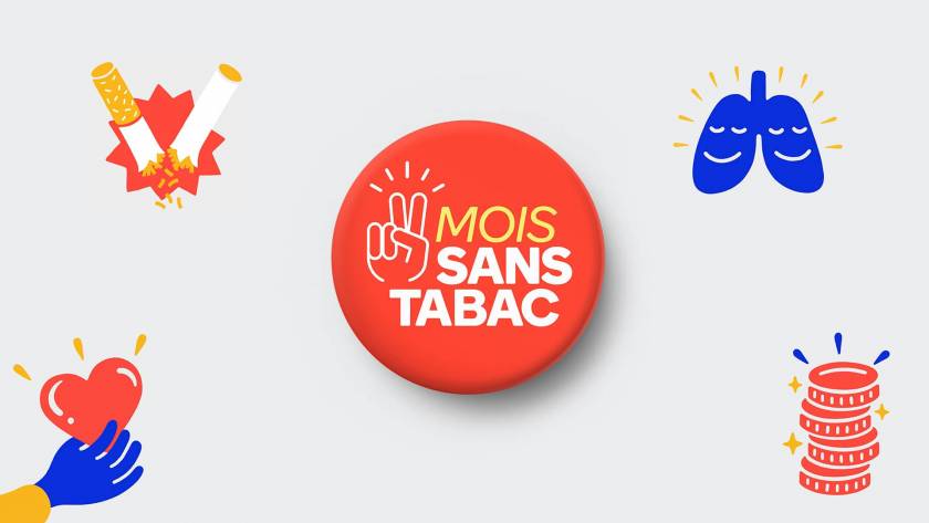 logo mois sans tabac, illustrations de cigarette cassée, poumons qui sourient