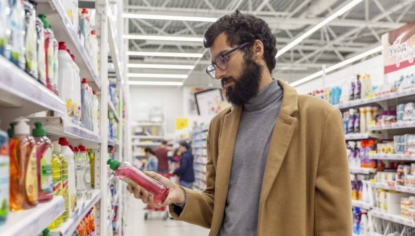 Homme barbu, inspecte étiquette de produit ménager au supermarché - ©AdobeStock