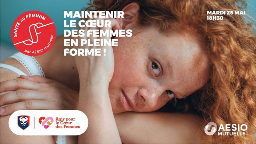 Jeune femme rousse, portrait, logos Aésio mutuelle, Agir pour le cœur des femmes, Stade malherbe caen