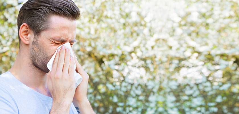 Homme qui se mouche, herbes en arrière plan