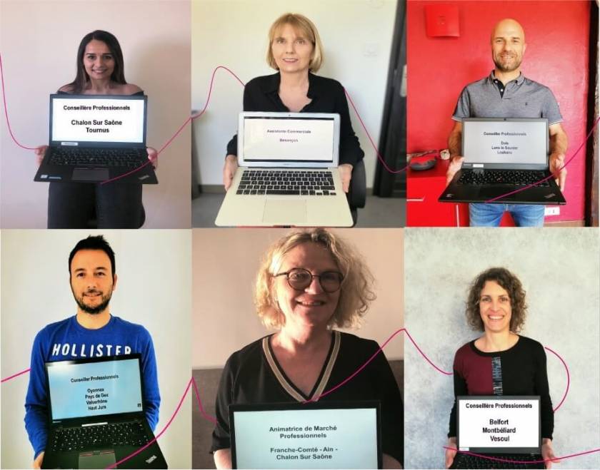 Montage photo de 6 conseillers et manager qui montrent leur laptop face caméra sur lequel est écrit leur nom et leur fonction au sein d'ADRÉA Mutuelle