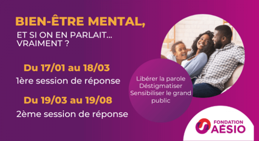 Appel à projet 2022, Fondation Aésio "Bien être mental". Couple et enfant qui rit