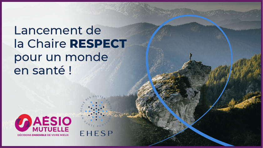 Homme sur une montagne, boucle bleue, logos Aésio et EHESP
