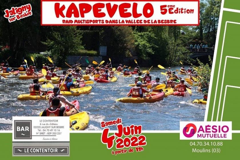 Affiche course Kapevelo, kayaks jaunes et logo Aésio