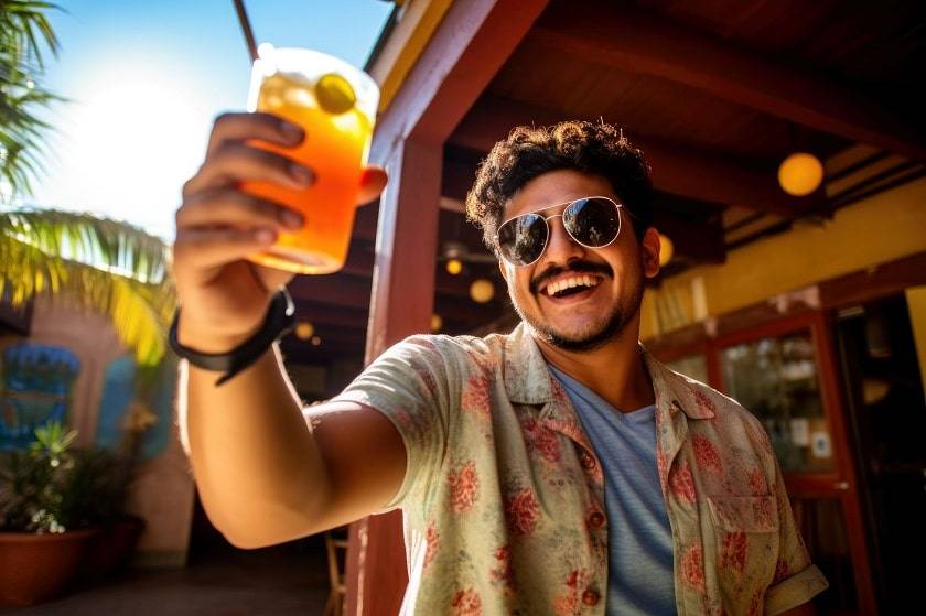 Homme avec un verre de jus à la main