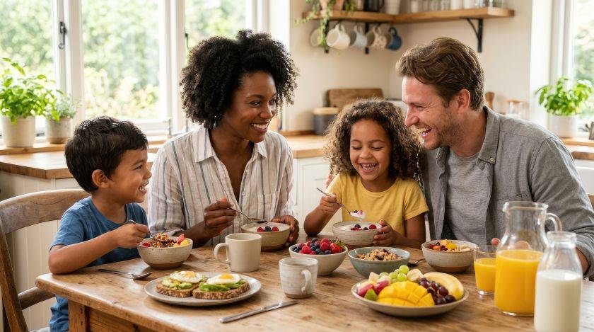 Famille qui prend leurs petit déjeuner ensemble