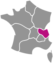 Départements Ain, Rhône, Isère, Savoie, Haute-Savoie en rose, carte de France grise