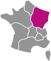 Départements Grand Est, Bourgogne, Franche-Comté en rose, carte de France grise