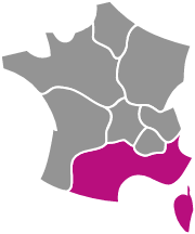 Départements PACA, Occitanie, Corse en rose, carte de France grise